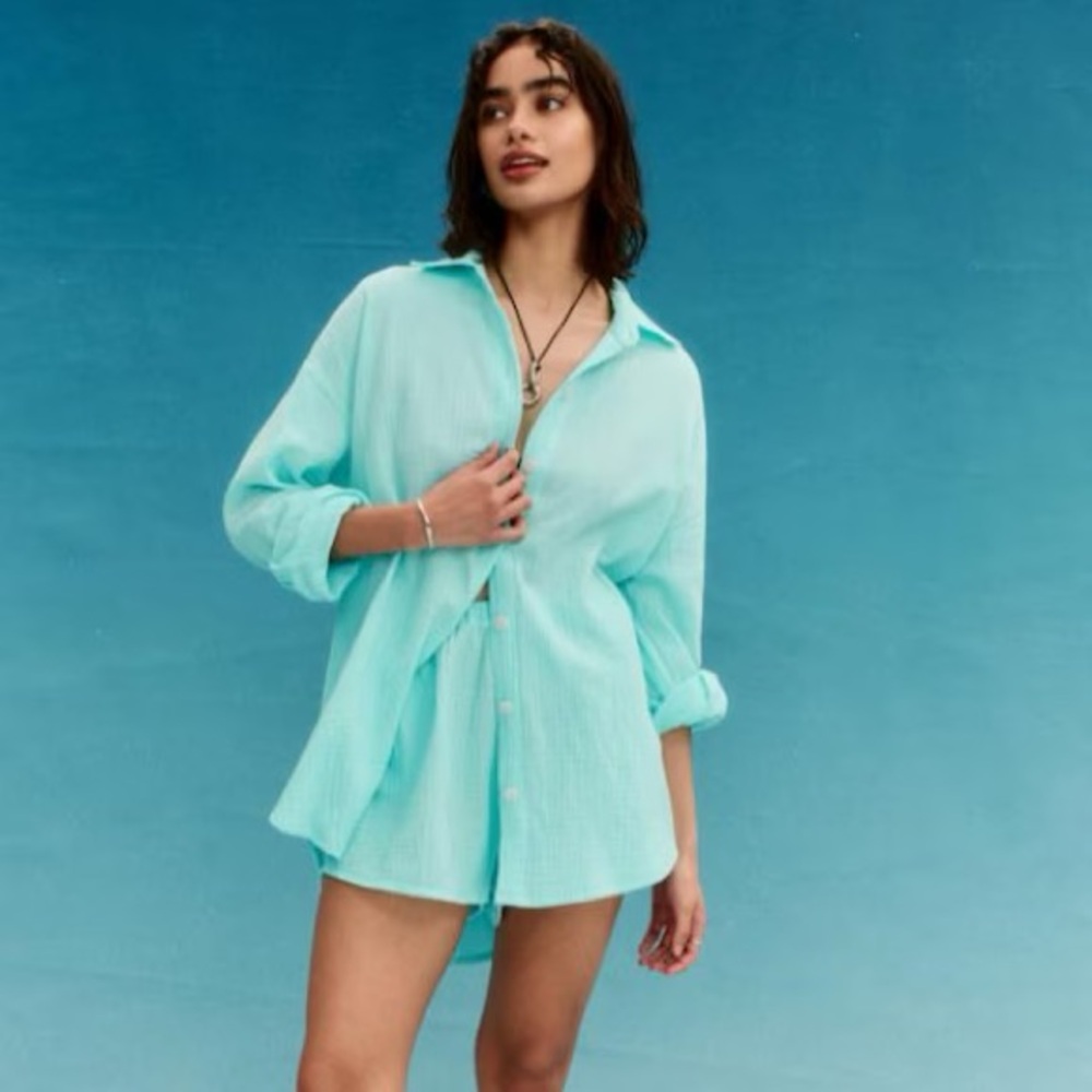 ✨ Vitamin A Target Aqua Gauze Button Down Swim Cover Up Shirt